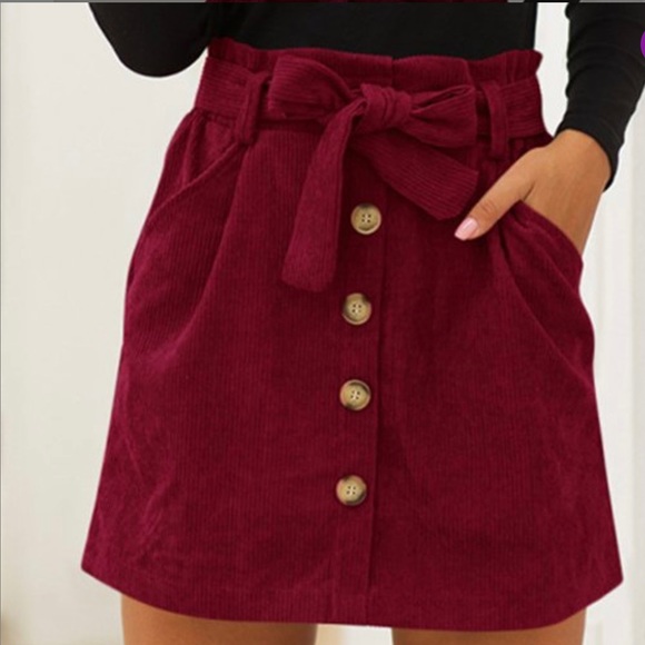 WINE CORDUROY TIE-BELT SKIRT - Picture 3 of 6